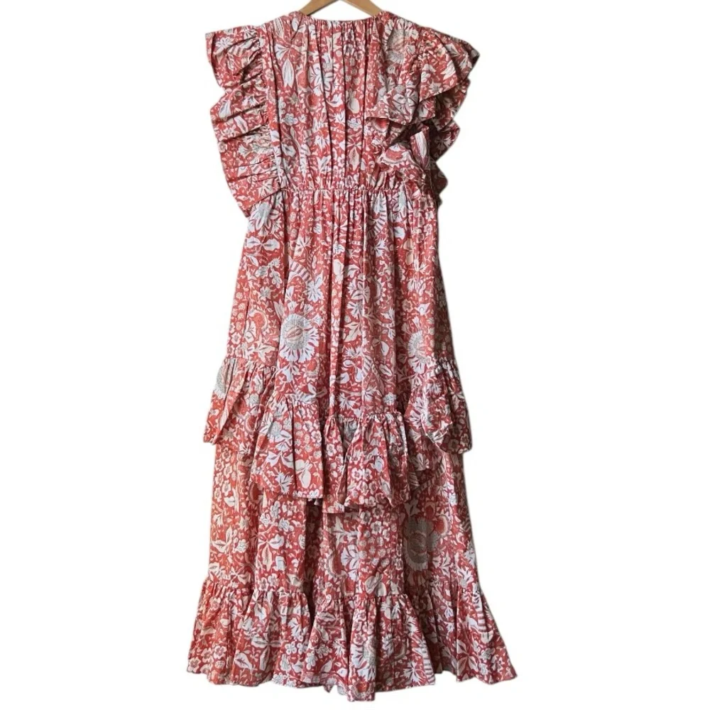 ULLA JOHNSON Delila Midi Ruffle Floral Dress Orange Blossom Sz 4
